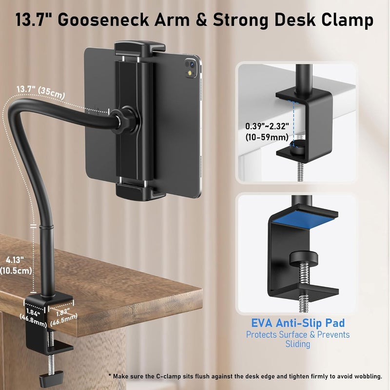 TeQable Tablet Stand for Desk, Gooseneck iPad Holder Clamp Mount, 360° Adjustable Arm Mount for iPad Pro/Air/Mini, Kindle Fire, Galaxy Tabs, 4.7"-13.5" Tablets, for Kitchen, Work, Video Call, Bed - Image 3